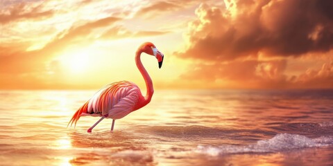 Fototapeta premium A flamingo standing gracefully in a shallow lagoon, pink feathers glowing under golden sunset light