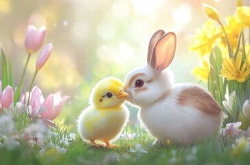 A baby rabbit and a baby chicken are standing in a field of flowers
