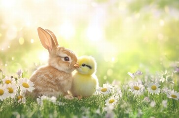 Obraz premium A rabbit and a baby bird are sitting in a field of flowers