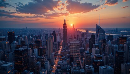 Obraz premium Aerial sunset view of New York City skyline