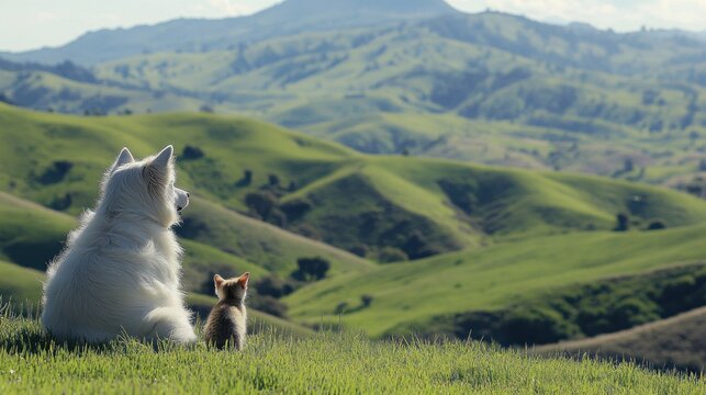 White Dog and Kitten Admire Scenic Mountain View