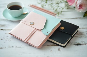 Fototapeta premium Two notebooks, one pink and one black, sit on a table next to a cup of coffee