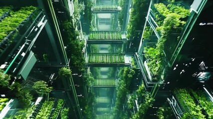 Lush greenery fills a modern urban vertical farm, demonstrating innovative practices in sustainable agriculture