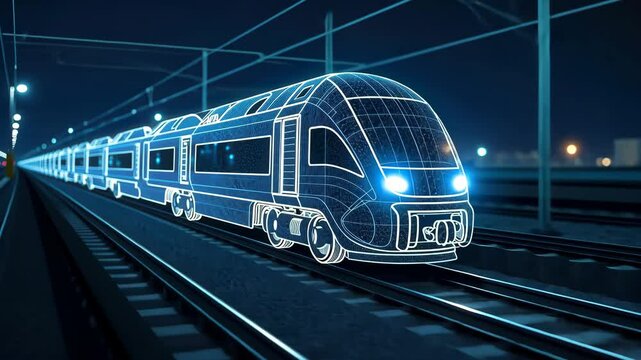 A wireframe hologram of an electric train on the track, depicted with glowing blue lines and white dots representing its digital structure.. AI