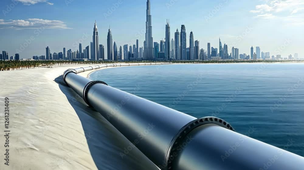 Poster a large underwater pipeline extends along the shoreline with skyscrapers in the background highlight