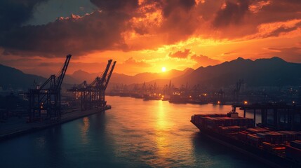 Obraz premium A giant shipping yard filled with container cranes, workers guiding massive freight shipments, sunset industrial glow