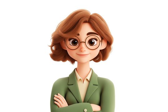 Businesswoman with crossed arms, glasses, and a confident expression, embodying professionalism and success. Funny cartoon character in 3d style design