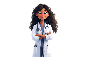 Friendly and competent female doctor, showcasing expertise and trustworthiness. Funny cartoon character in 3d style design