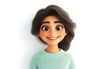 Smiling Indian girl with brown hair wearing a green sweater. Funny cartoon character in 3d style design