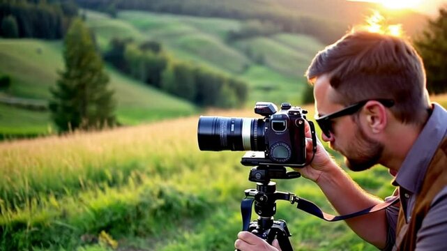 A photographer captures the landscape from the hills at sunset using a professional camera and tripod. He carefully adjusts the focus to capture nature at its best.