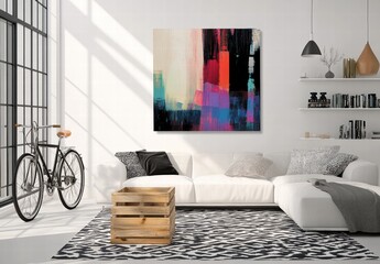 A colorful abstract painting hangs on the wall of a living room