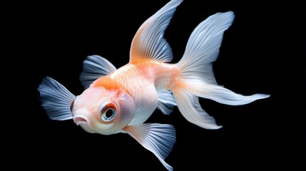 A goldfish swimming with long flowing fins, bright orange scales, soft light reflections