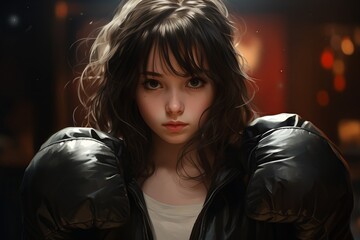 A young woman with curly hair stares confidently into the distance while wearing a sleek black jacket. The background features a dimly lit gym atmosphere, enhancing her focused demeanor.