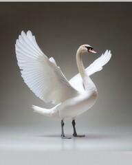 A graceful white swan with wings slightly spread, elegant feather details, soft lighting emphasizing beauty