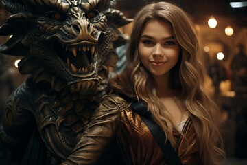 A young woman with long blonde hair stands confidently next to a detailed dragon sculpture in a cozy, dim tavern. The warm lighting creates an inviting atmosphere filled with fantasy charm.