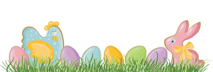 Happy Easter banner with modern design with colorful eggs and chicken, bunny and spring grass for holiday greeting. Vector template for congratulations and advertising.