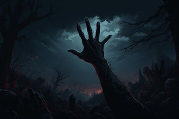 In a haunting scene, a skeletal hand emerges from the ground in a desolate landscape, surrounded by dark trees and fog. The moonlight casts an eerie glow over the chilling atmosphere.