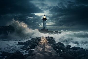 A lighthouse illuminates the darkening sky as powerful waves crash against rocky shores. The scene captures a dramatic moment where nature meets human resilience at twilight.