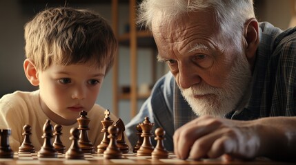 A grandfather teaching his grandson how to play chess, serious yet fun expressions, traditional wisdom passed down