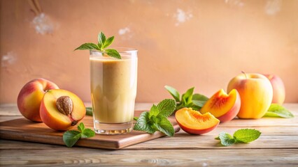 peach smoothie in a sleek glass, surrounded by peach slices and mint, on a soft pastel coral backdrop. Clean design with ample space for text, perfect for vibrant, refreshing content