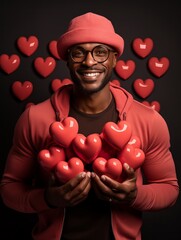A man dressed in vibrant red with a matching hat and glasses happily holds several heart-shaped decorations close to his chest.