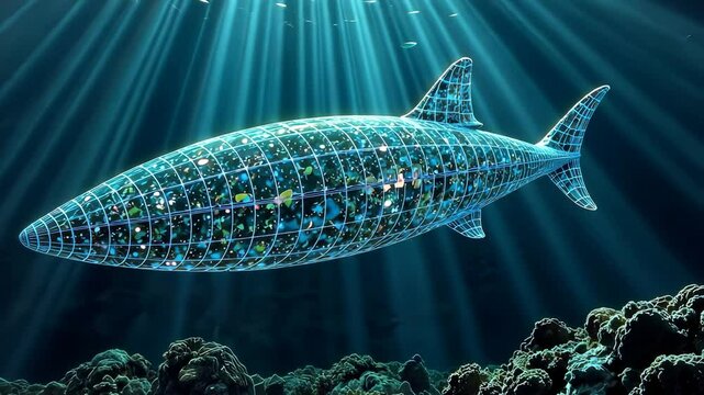 Animation futuristic underwater research station wireframe hologram for marine exploration concepts. AI