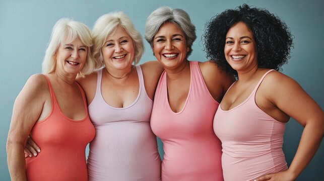 Four women of different body types stand together, beaming with happiness. Their colorful outfits highlight their unique beauty in a lively atmosphere filled with confidence and camaraderie