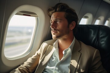 A man dressed in a light suit sits by an airplane window, looking thoughtfully outside as the landscape unfolds below. Sunlight streams in, creating a serene atmosphere during his flight.