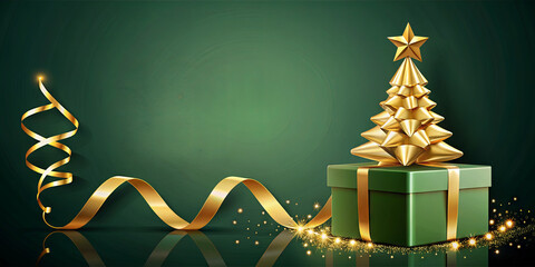 A beautifully wrapped green gift box sits on a smooth surface, topped with a golden Christmas tree decoration. Gold ribbons twist elegantly beside it, adding festive flair