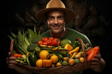 A farmer with a wide smile showcases a large basket filled with an array of vibrant, fresh vegetables. The dark background emphasizes the colorful produce, highlighting the farmer's pride.