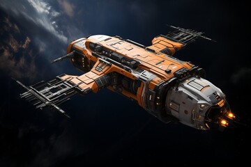 A futuristic spacecraft is maneuvering gracefully through the vastness of space, surrounded by distant stars and colorful nebulae, showcasing advanced technology and design in a cosmic setting.
