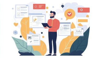 Man managing tasks with a laptop surrounded by floating documents and checkmarks