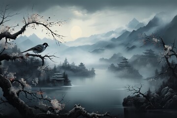 A serene landscape features a solitary bird on a branch overlooking a calm lake surrounded by misty mountains. Traditional structures dot the shoreline, creating a mystical atmosphere at dawn.