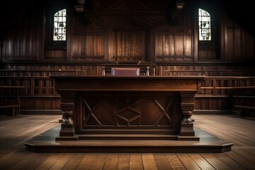 A courtroom features a polished wooden table positioned at the center, illuminated by natural light. Surrounding bookshelves filled with law books add to the historical ambiance of the space.