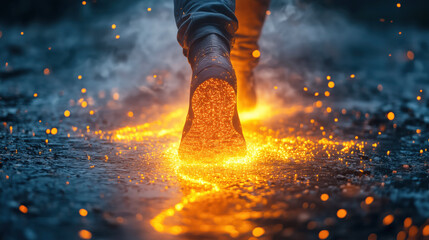 Man running on burning surface leaving fiery footprints