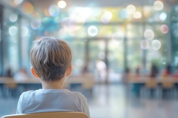 A young boy sits in a warm and inviting classroom, gazing out, lost in thought as the colorful bokeh creates a dreamy atmosphere around him, evoking feelings of joy and wonder.