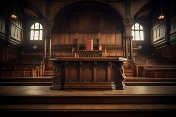 A courtroom features a polished wooden table positioned at the center, illuminated by natural light. Surrounding bookshelves filled with law books add to the historical ambiance of the space.