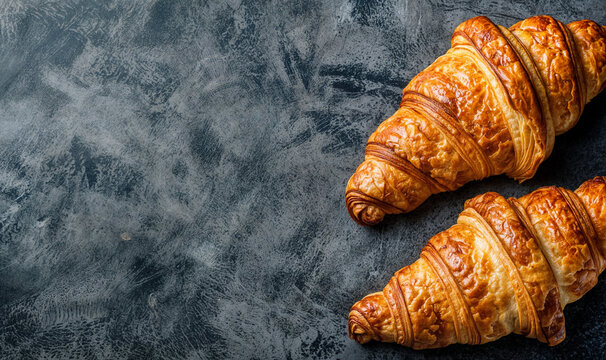 freshly baked croissants on a gray  granite table seen from above with copy space	