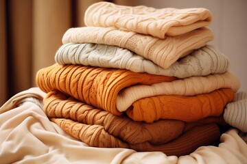 A stack of cozy knitted sweaters in various warm colors lies atop a soft, textured blanket. The scene captures a comforting, autumn vibe, perfect for cooler weather and layering.