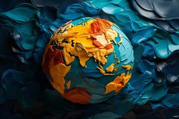 Colorful artistic representation of the Earth surrounded by abstract waves