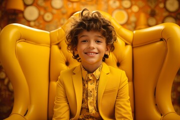 A young boy sits comfortably in a bright yellow armchair, wearing a matching suit and cheerful expression. The background features warm colors and playful patterns, creating an inviting atmosphere.