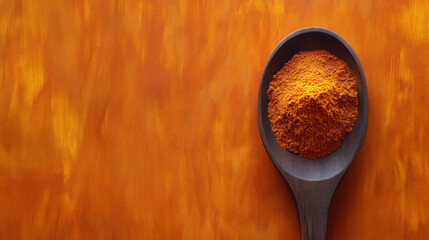 Wooden spoon holding turmeric powder on orange background