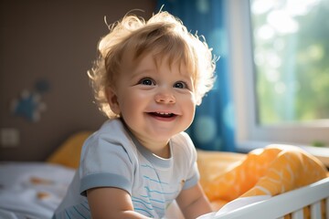 Happy toddler smiling in cozy room with natural light and soft toys