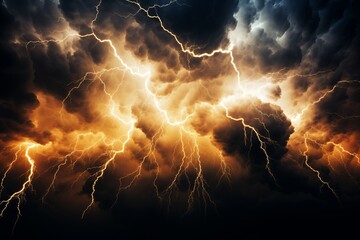 Intense flashes of lightning cut through dark, tumultuous clouds in a stormy sky during twilight.