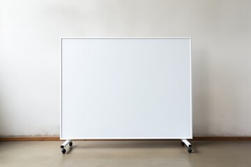 A mobile whiteboard is positioned in a well-lit classroom. The whiteboard is mounted on wheels, allowing for easy movement. The room has a neutral color scheme and a simple, clean aesthetic.