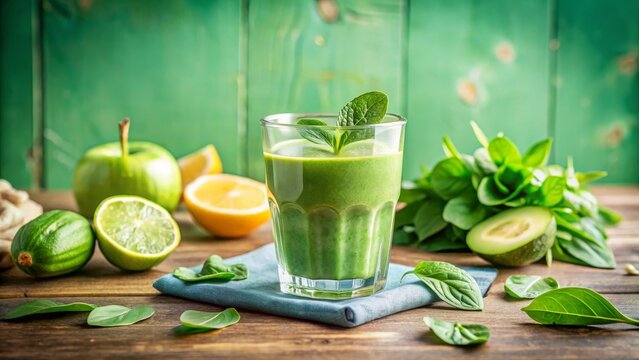 vibrant spinach smoothie in sleek glass, surrounded by fresh spinach leaves, cucumber slices, touch of lemon, set against soft pastel green background. Clean layout with space for health focused text