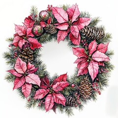 Festive wreath adorned with red poinsettias and pinecones