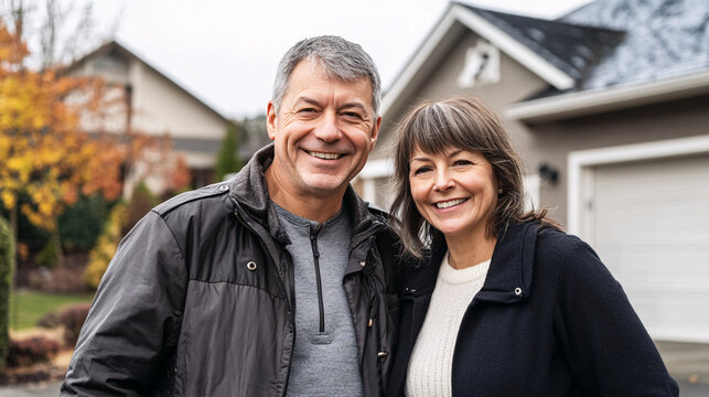 A happy middle-aged couple standing outside their suburban home, smiling warmly at the camera with autumn foliage in the background  
