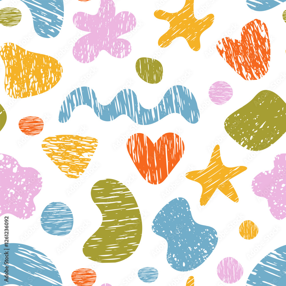 Poster seamless vector pattern with abstract textured shapes in bright colors. hand-drawn playful organic e
