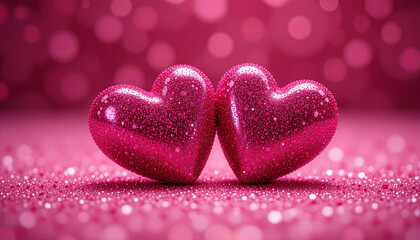 Fototapeta premium Two shiny pink hearts adorned with glitter rest close together against a sparkling pink background, perfect for expressing love during special occasions and celebrations